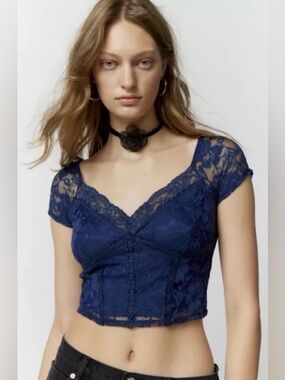 Urban Outfitters Navy Blue Lace Cropped V-Neck Top